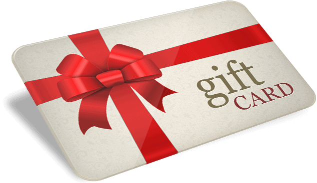 White electronic gift card with a red bow ribbon and the words gift-card printed on it.